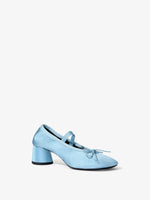 3/4 Front image of Glove Mary Jane Ballet Pumps in Satin in PALE BLUE