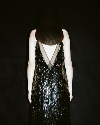 Image of model facing away from the camera wearing the black embroidered organza Irene Dress against a black background