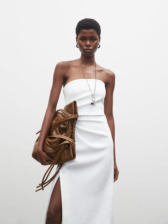 PF23 Collection Look 02: White Compact Terry Jersey Dress and Bark Drawstring Tote