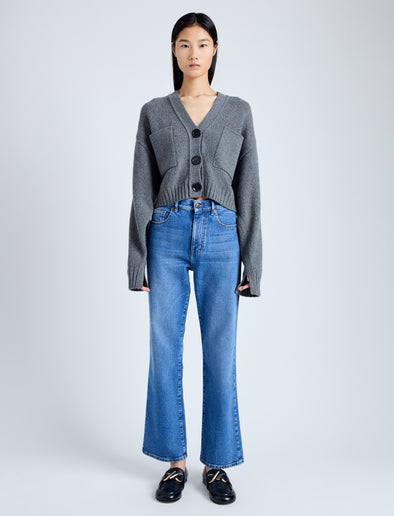 Front image of model wearing Eco Cashmere Cardigan in GREY MELANGE