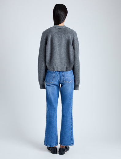 Back image of model wearing Eco Cashmere Cardigan in GREY MELANGE