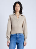 Front cropped image of model wearing Jeanne Sweater In Eco Cashmere in oatmeal