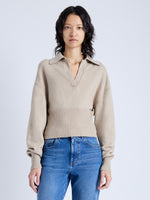 Front cropped image of model wearing Jeanne Sweater In Eco Cashmere in oatmeal