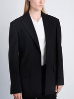 Detail image of model wearing Devon Jacket In Viscose Wool in black