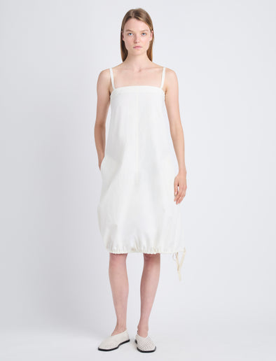 Front full length image of model wearing Emilia Dress In Lightweight Crinkle Poplin in OFF WHITE