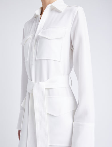 Detail image of model wearing Vanessa Dress in Matte Viscose Crepe in white