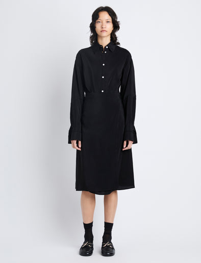Front image of model in Olympia Dress In Washed Habotai in black