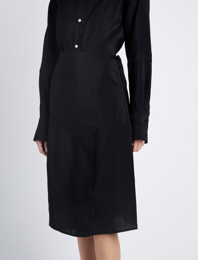 Detail image of model in Olympia Dress In Washed Habotai in black