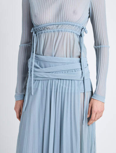 Detail image of model wearing Riley Dress In Pleated Jersey in steel