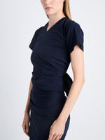 Detail image of model wearing Sidney Dress In Silk Viscose in NAVY