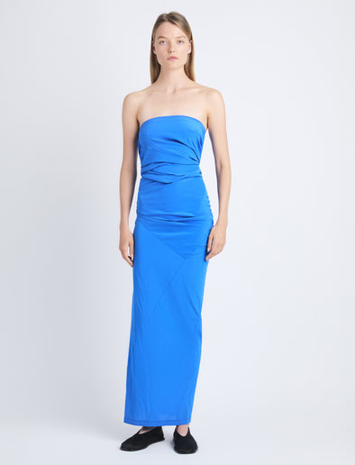 Front image of model wearing Odette Strapless Dress In Silk Viscose in cerulean