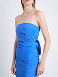 Detail image of model wearing Odette Strapless Dress In Silk Viscose in cerulean