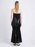 Back image of model in Margot Dress In Glossy Leather in black