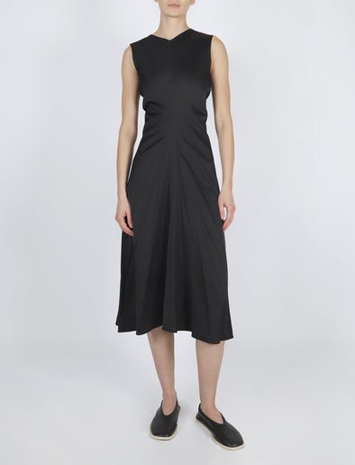 Front image of model wearing Ella Dress in Matte Satin in black