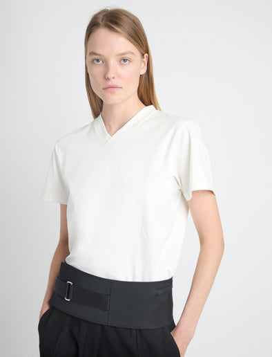 Detail image of model in Talia V-Neck Top In Eco Cotton Jersey in white