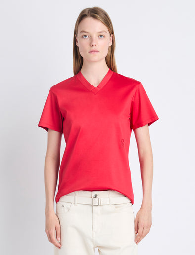 Front cropped image of model wearing Talia V-Neck Top In Eco Cotton Jersey in RED