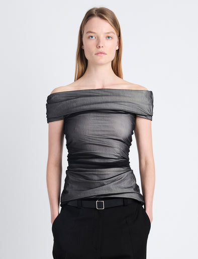 Front cropped image of model wearing Allegra Top In Silk Nylon in BLACK