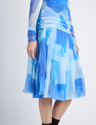 Detail image of model in Judy Skirt In Printed Nylon Jersey in cerulean