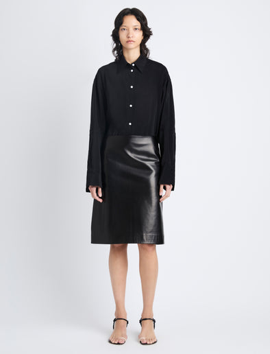 Front image of model wearing Adele Skirt In Leather in black