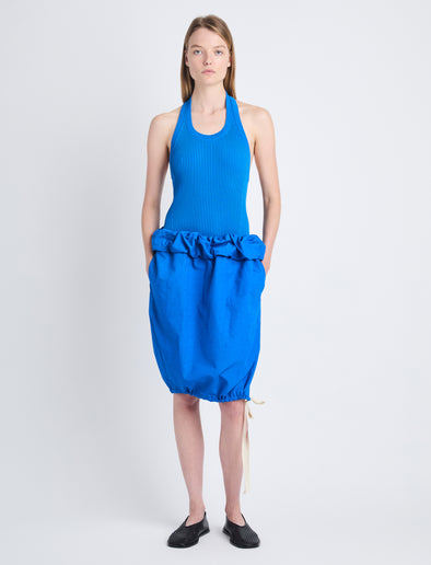 Front full length image of model wearing Gloria Top In Viscose Rib in BLUE