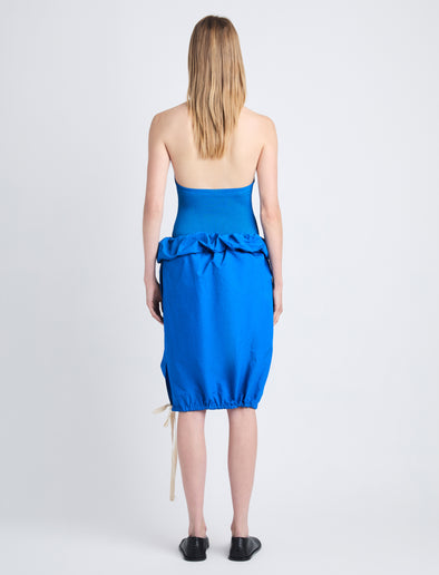 Back full length image of model wearing Gloria Top In Viscose Rib in BLUE