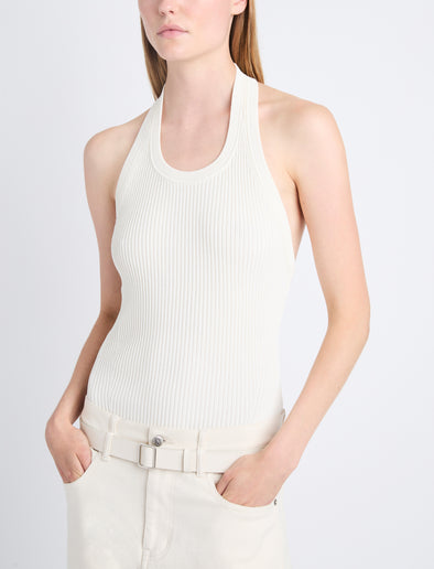 Detail image of model wearing Gloria Top In Viscose Rib in EGGSHELL