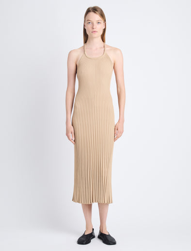 Front full length image of model wearing Vida Dress In Viscose Rib in CAMEL