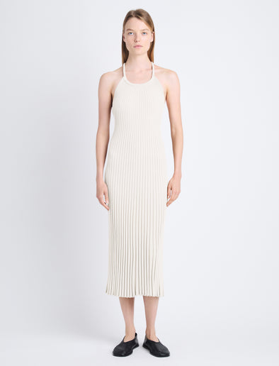 Front image of model wearing Vida Dress In Viscose Rib in eggshell