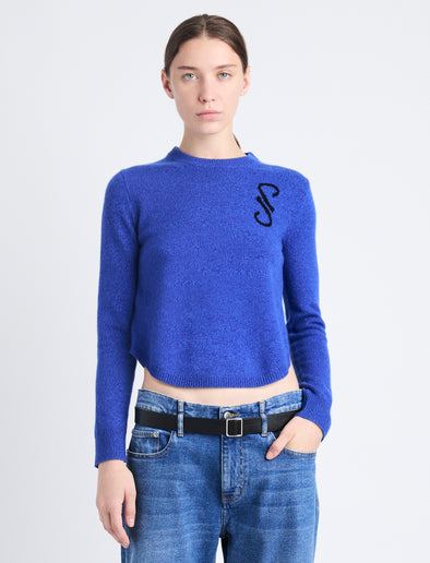 Front cropped image of model wearing Stella Sweater In Cashmere Jacquard in BLUE