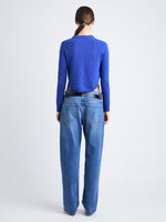Back full length image of model wearing Stella Sweater In Cashmere Jacquard in BLUE