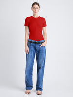 Front image of model wearing Sky Top In Matte Viscose Rib in red
