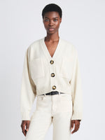 Front cropped image of model wearing Sofia Cardigan In Eco Cashmere in IVORY