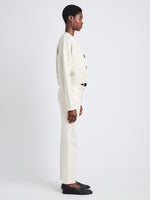 Side full length image of model wearing Sofia Cardigan In Eco Cashmere in IVORY