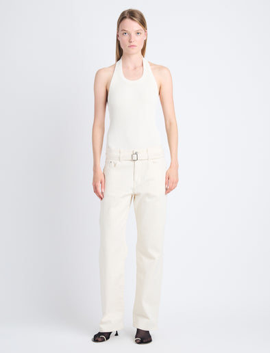 Front image of model wearing Ellsworth Jean in ecru