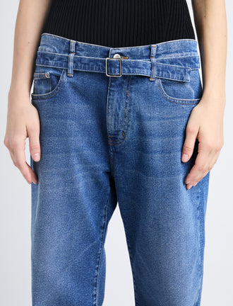 Detail image of model in Ellsworth Jean in medium blue