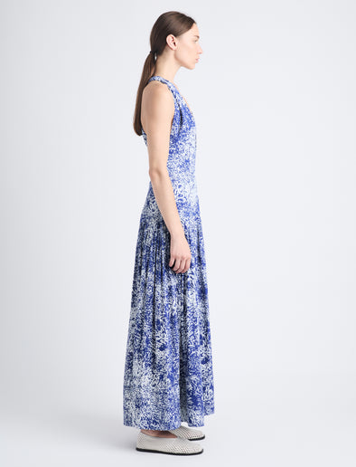 Side full length image of model wearing Simone Dress In Printed Viscose Crepe in COBALT MULTI