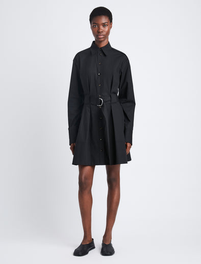 Front full length image of model wearing Viola Dress In Compact Poplin in BLACK