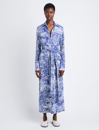 Front full length image of model wearing Vanessa Dress In Printed Viscose Crepe in COBALT MULTI