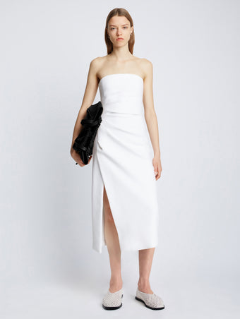 Front image of model wearing Shira Strapless Dress in Matte Viscose Crepe in white