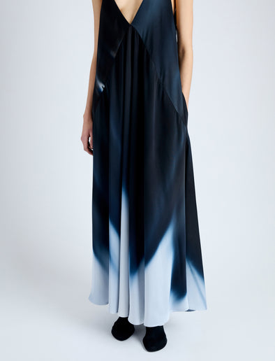 Detail image of model wearing Torres Dress in Printed Viscose Gaberdine in MIDNIGHT MULTI