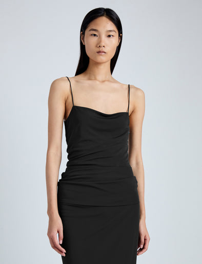 Detail image of model wearing Blaire Dress in Viscose Jersey in black