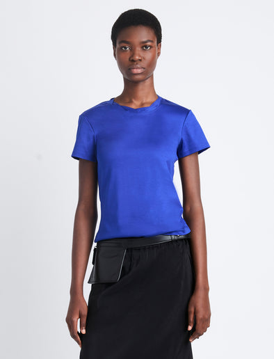 Front cropped image of model wearing Maren Top In Eco Cotton Jersey in COBALT