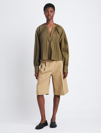 Front full length image of model wearing Monica Top In Compact Poplin in WOOD