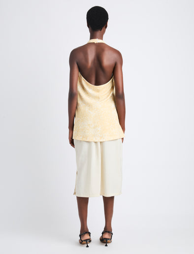 Back full length image of model wearing Theda Top In Printed Viscose Crepe in YELLOW MULTI