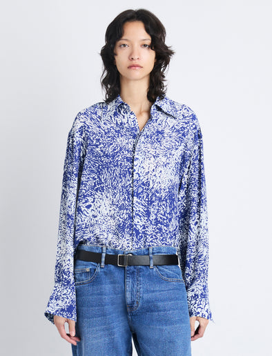 Front cropped image of model wearing Norman Top In Printed Viscose Crepe in COBALT MULTI