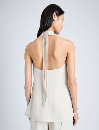 Detail image of model wearing Miller Top in Light Matte Viscose Crepe in WHEAT