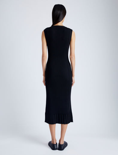 Back full length image of model wearing Tatum Knit Dress in Silk Viscose in BLACK