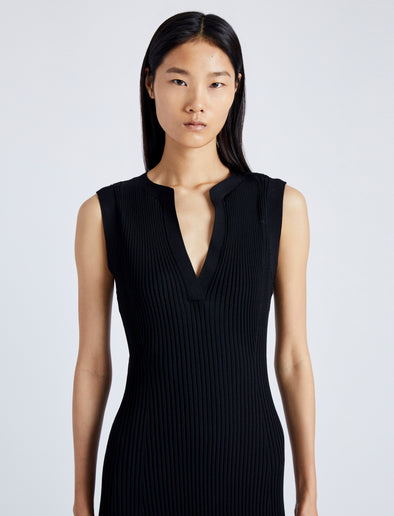 Detail image of model wearing Tatum Knit Dress in Silk Viscose in BLACK