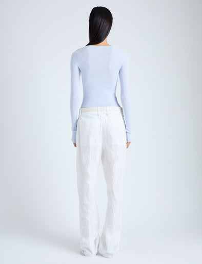 Back image of model wearing Boyd Henley in Silk Viscose in sky blue
