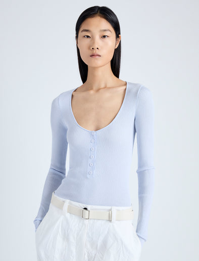 Detail image of model wearing Boyd Henley in Silk Viscose in sky blue